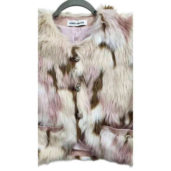 NIMO WANG Faux Fur Jacket Multicolor Pink Brown White |Boho Statement Outerwear - Picture 4 of 13